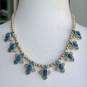 🆕 Charter Club Blue and Green Flower Beaded Gold Necklace Gemstone Signed